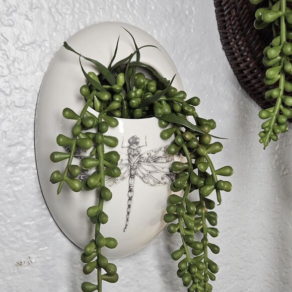 Vtg Wall Pocket Hanging Cream Ceramic Vase Container by Daphne Dragonfly Insect - Picture 5 of 12